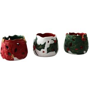 Holiday Votive Candle Holder Set 3 Pc Porcelain Red Green White Christmas Holly